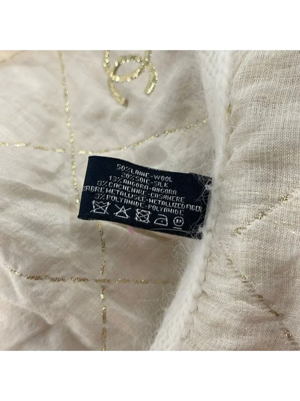 Chanel Scarf Ivory Gold Fur CC Logo Quilted Wool Cashmere Angora